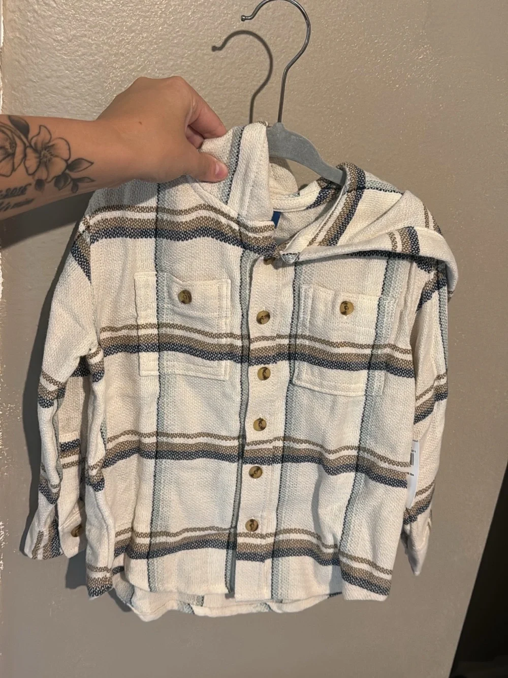 Old Navy Cream Plaid Hooded Button-Down Shirt Jacket